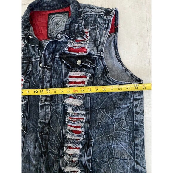 Vtg 1738 Denim Vest Jacket Cotton 3XL Biker Rockabilly Black Shredded Acid Wash - Picture 5 of 8